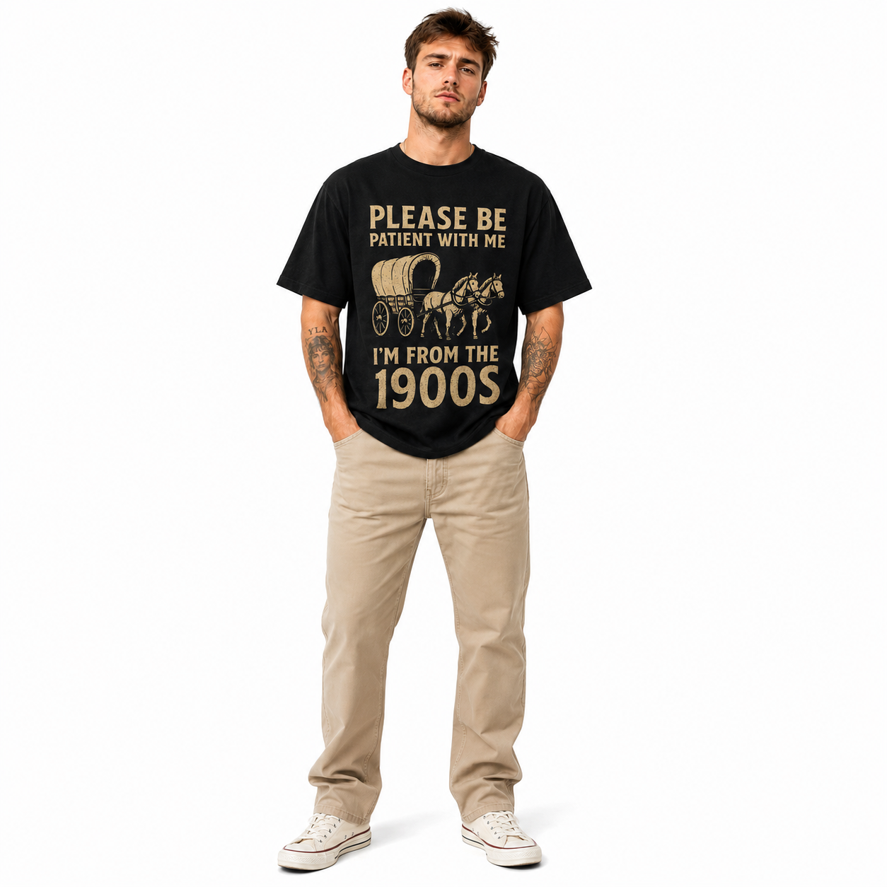 Funny Vintage Horse Wagon Graphic T-Shirt Men's Retro Western Tee