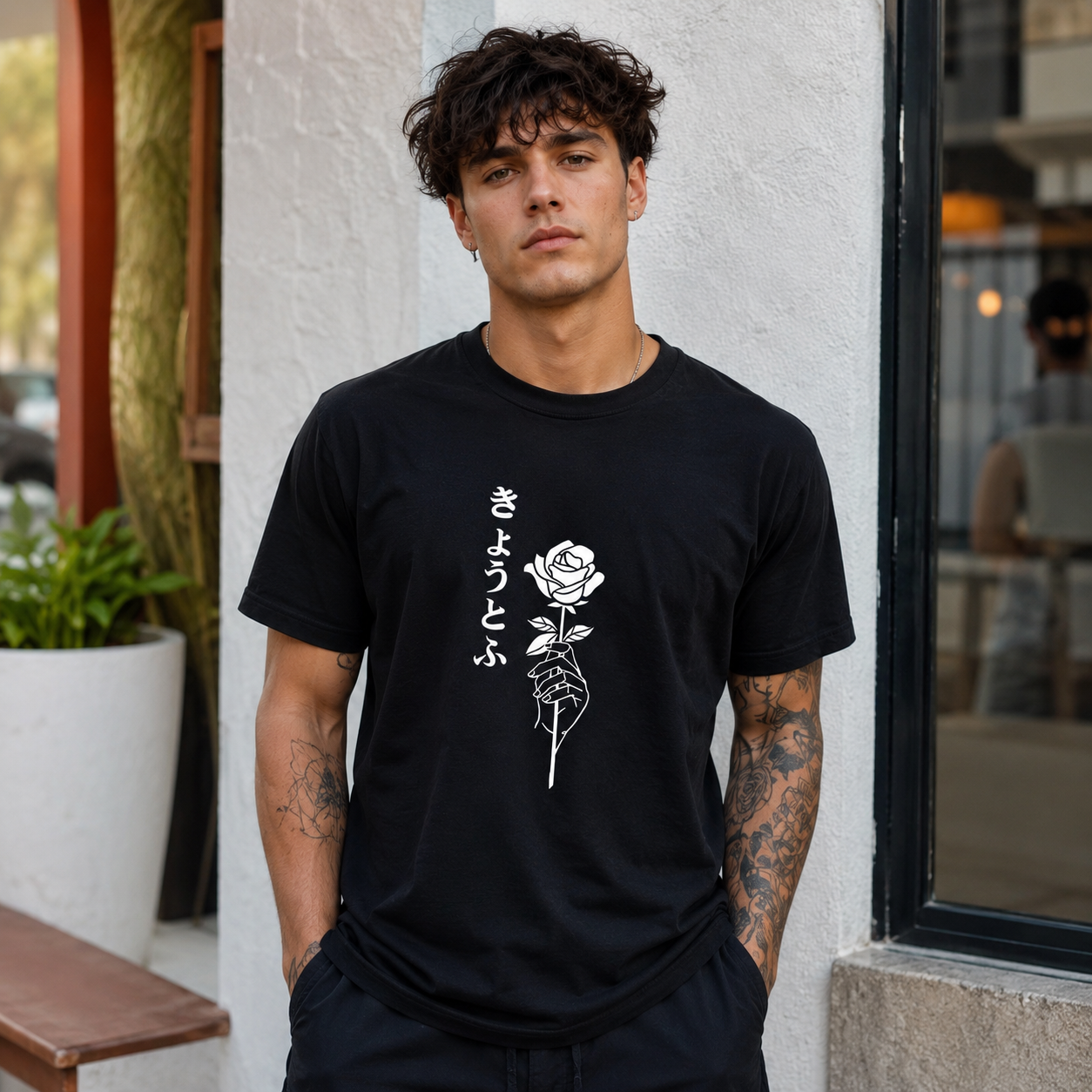Japanese Rose Graphic T-Shirt Minimalist Kanji Aesthetic Unisex Tee