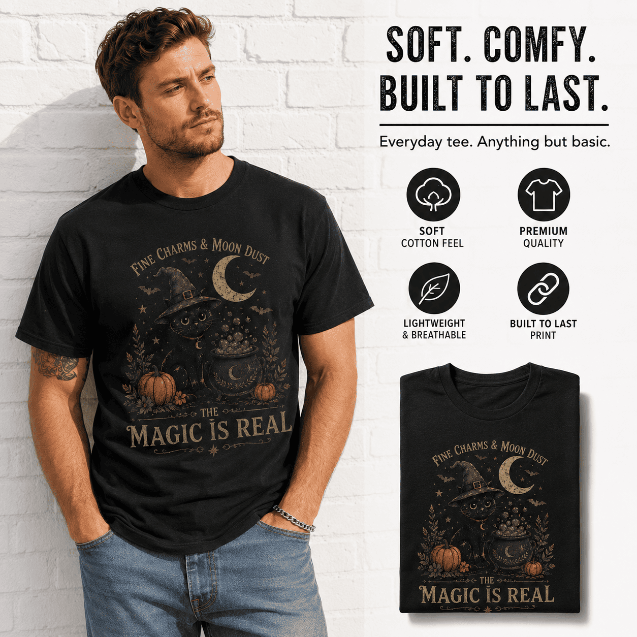 The Magic Is Real Black Cat Witch Halloween Gothic Graphic Men's T-Shirt