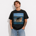 Men's Funny Cat Riding Shark Graphic T-Shirt Ocean Animal Tee