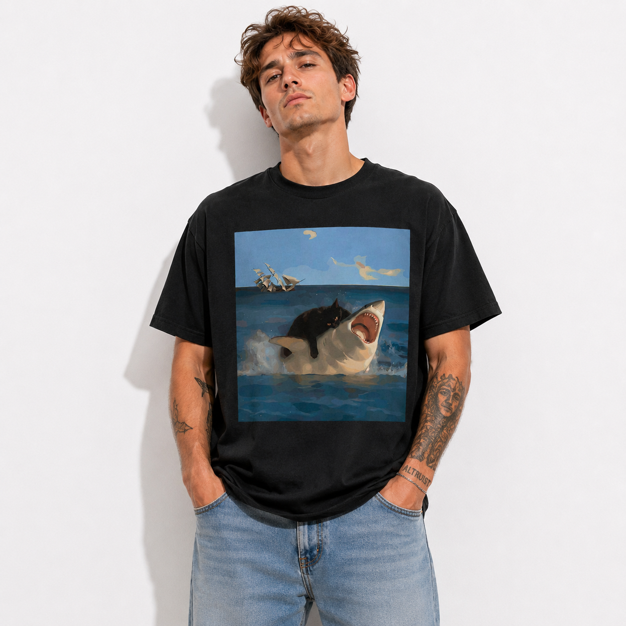 Men's Funny Cat Riding Shark Graphic T-Shirt Ocean Animal Tee