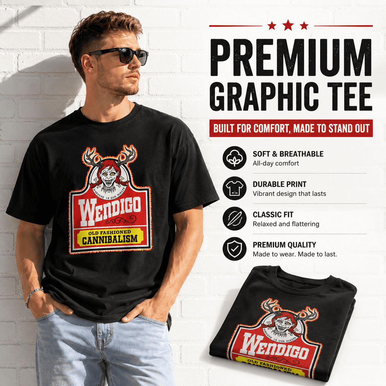 Wendigo Horror Graphic T-Shirt Creepy Monster Halloween Tee for Men