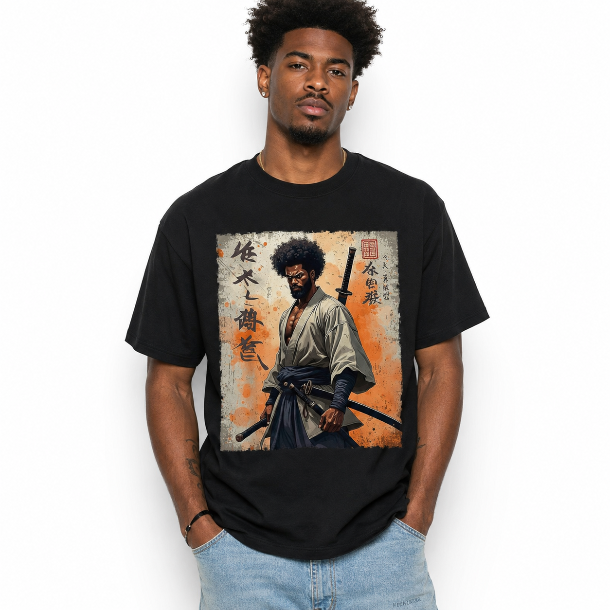 Japanese Samurai Calligraphy Sword Graphic T-Shirt Anime Style Streetwear Tee