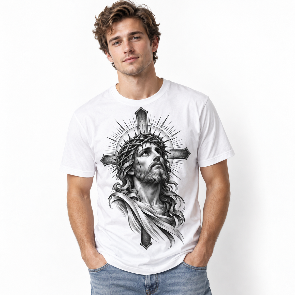 Jesus Crown of Thorns Cross Christian Faith Graphic Men's T-Shirt