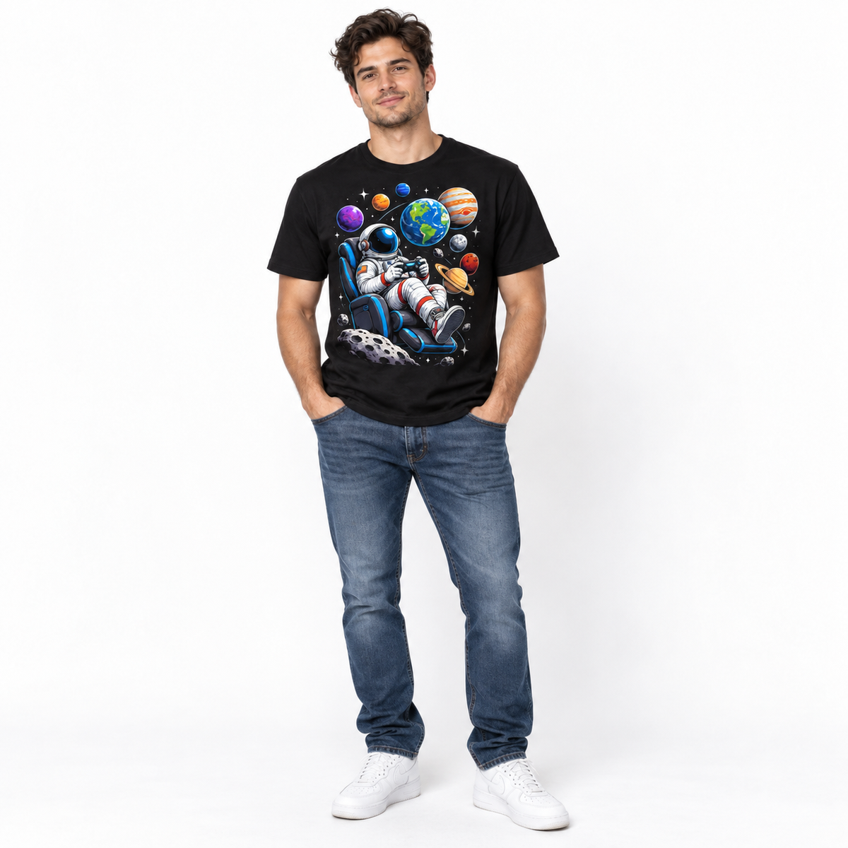 Astronaut Gamer Space Planets Funny Men's Graphic T-Shirt
