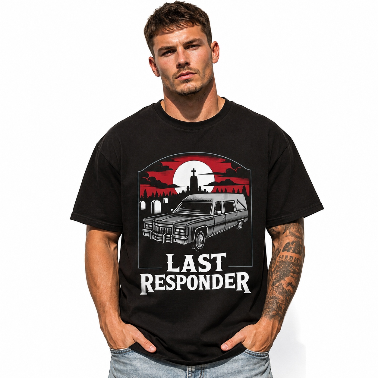 Last Responder Hearse Graveyard Dark Humor Halloween Graphic Men's T-Shirt