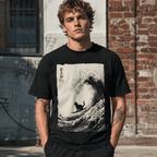 Funny Surfing Cat Great Wave Japanese Ukiyoe Art Graphic T Shirt Retro Tee