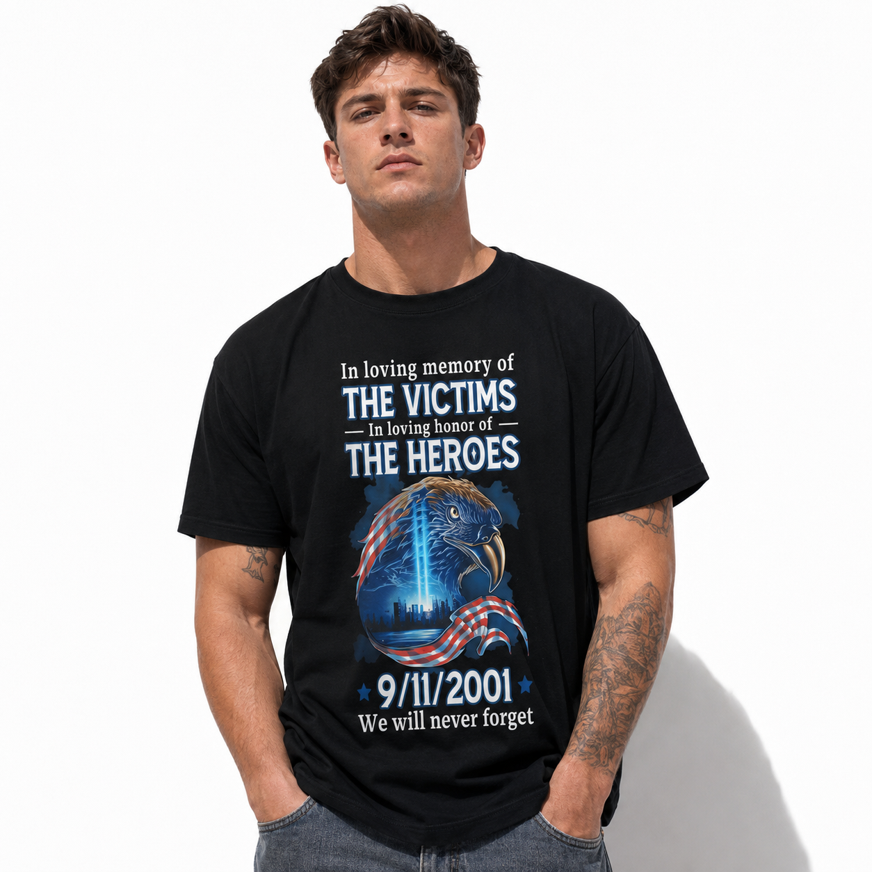 9/11 Never Forget Patriotic Eagle Memorial Tribute Men's T-Shirt