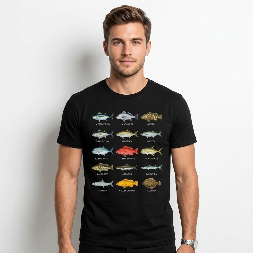 Ocean Fishes Identification T-shirt | 15 Detailed Marine Species