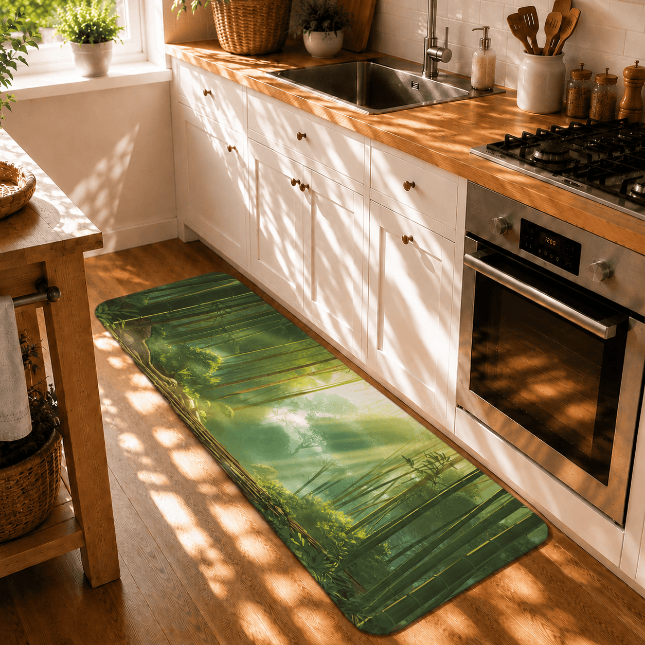 Bamboo Forest Kitchen Mat Quick Dry Super Absorbent Non Slip Sunlit Anime Scene