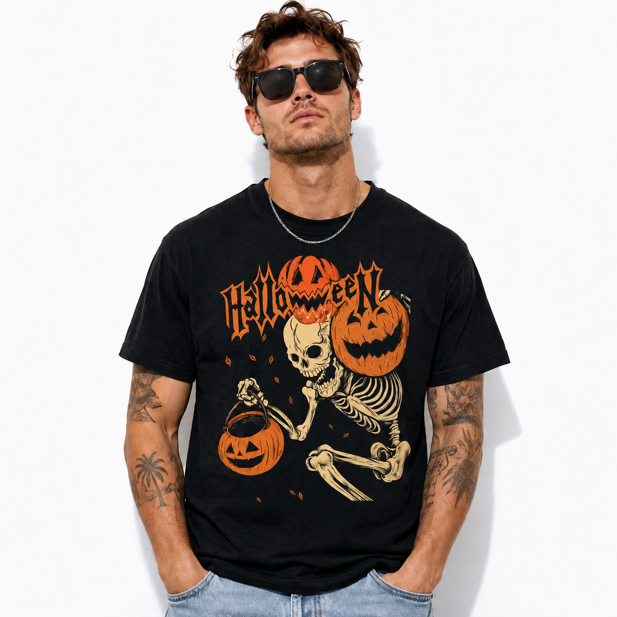 Halloween Skeleton Pumpkin Trick or Treat Spooky Graphic Men's T-Shirt