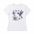 Hummingbird Floral Graphic Women’s T-Shirt Purple Flower Bird Nature Casual Tee