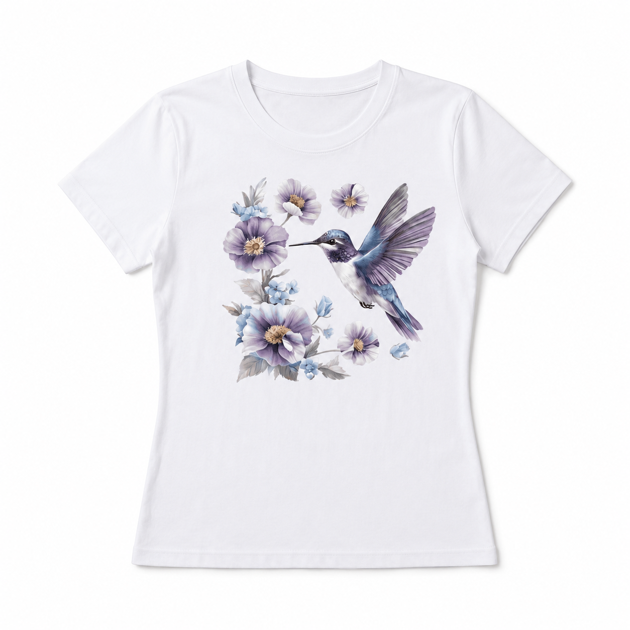 Hummingbird Floral Graphic Women’s T-Shirt Purple Flower Bird Nature Casual Tee