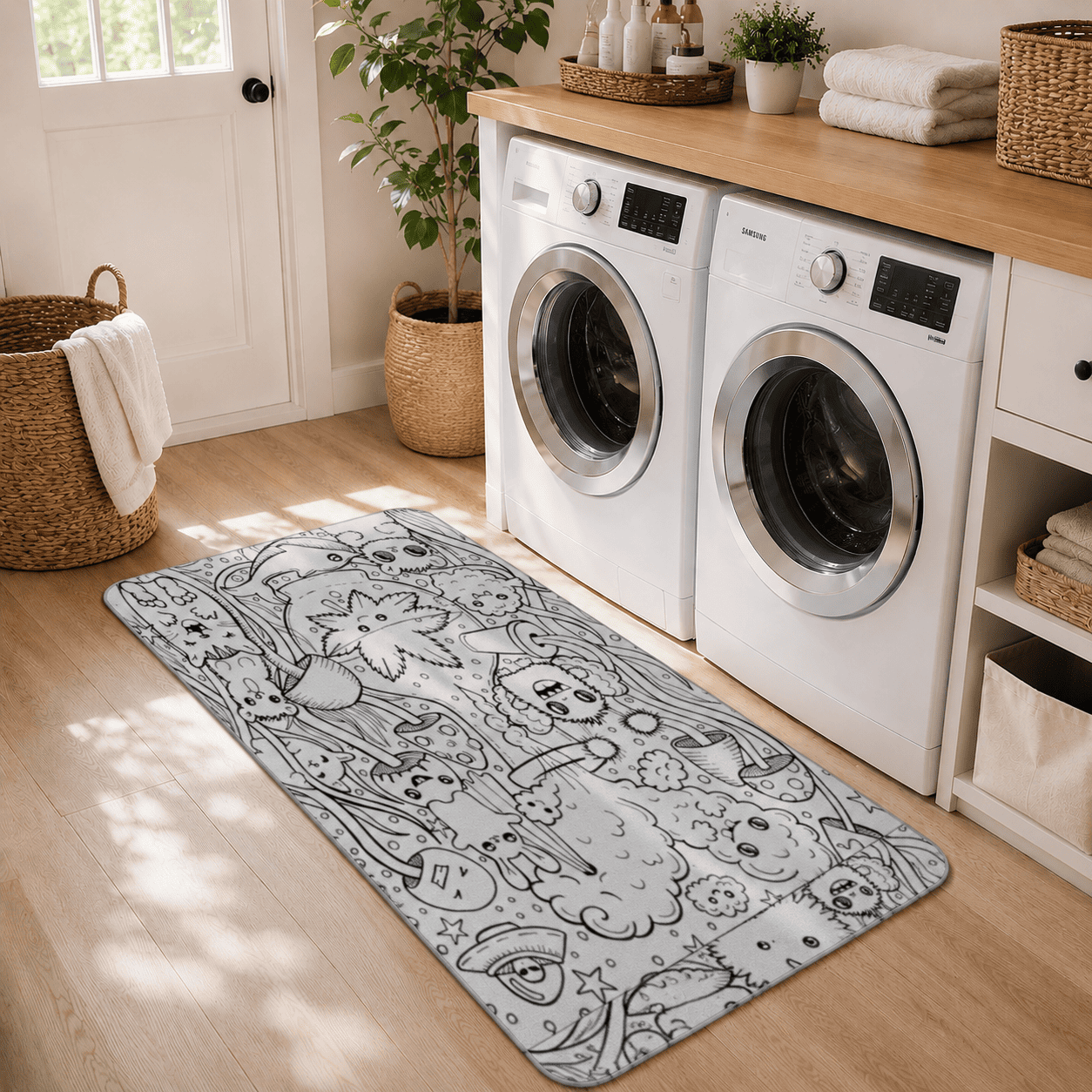 Black White Psychedelic Floor Mat Quick Dry Super Absorbent Non Slip Doodle Art