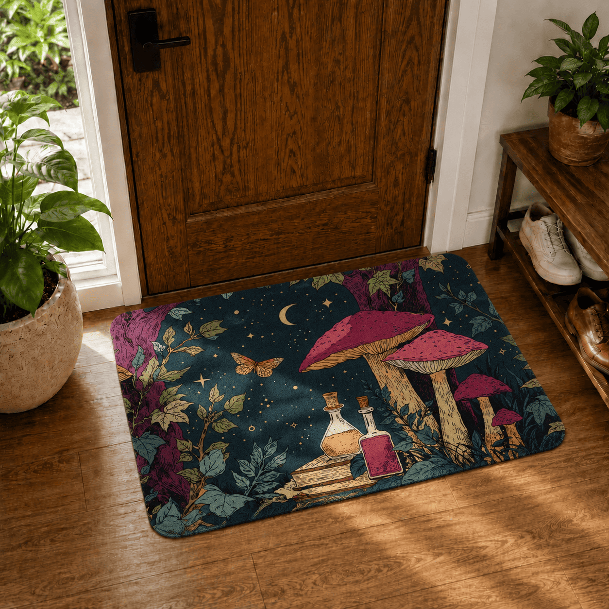 Cottagecore Mushroom Bath Rug Quick Dry Super Absorbent Non Slip Moon Design