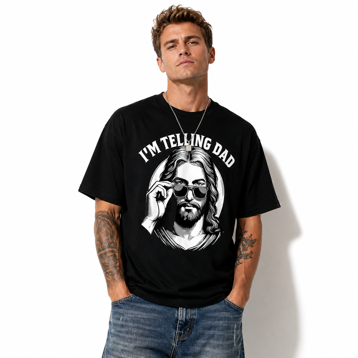 Funny I'm Telling Dad Jesus Christian Meme Graphic T-Shirt for Men