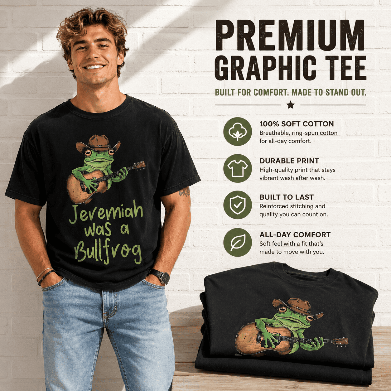 Jeremiah Was a Bullfrog Funny Frog Guitar Graphic T-Shirt for Men