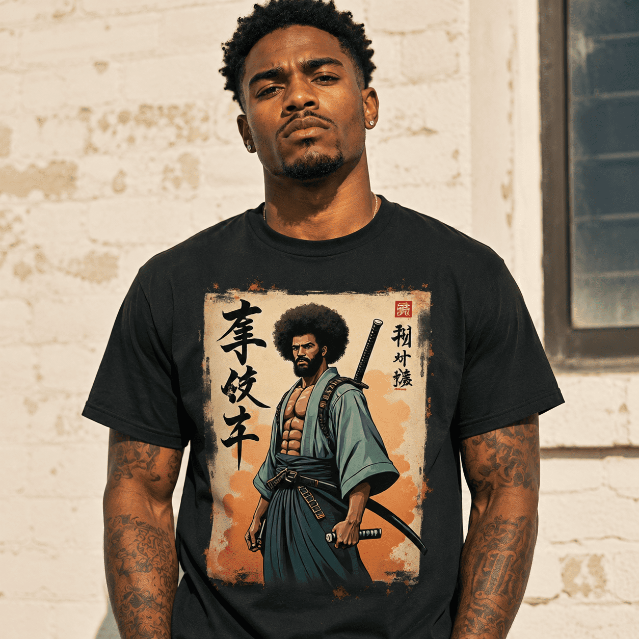 Retro African Samurai Graphic T-Shirt Japanese Warrior Streetwear Casual Tee
