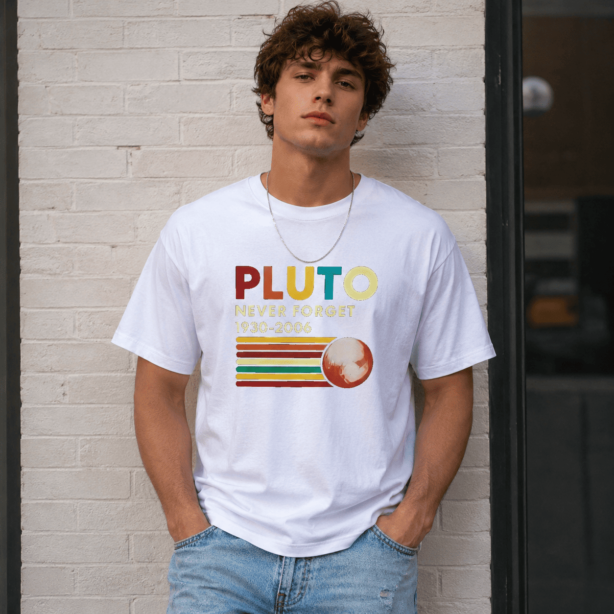 Men's Pluto Never Forget Graphic T-Shirt Funny Space Retro Planet Tee
