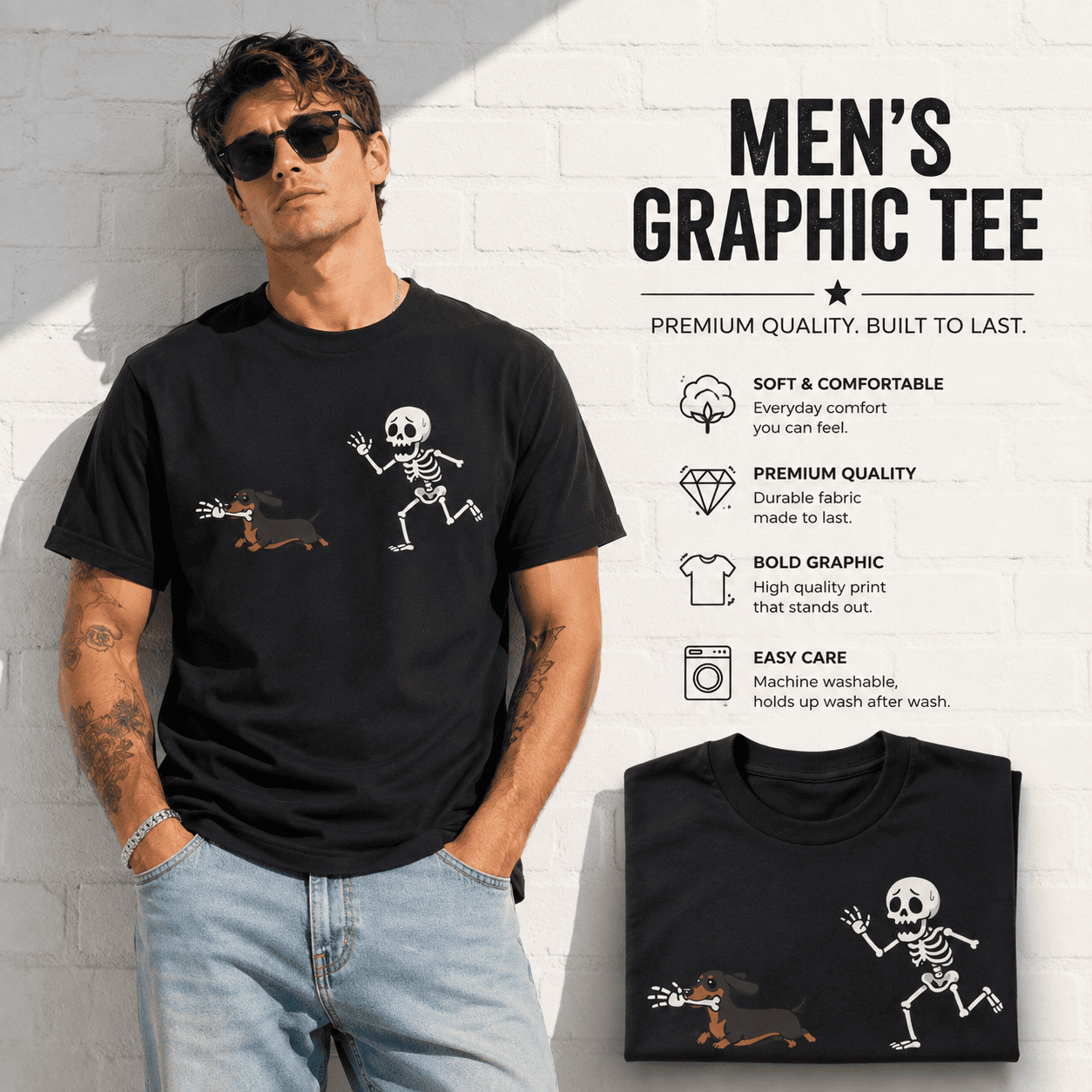 Funny Skeleton Chased by Dachshund Dog Halloween Graphic Men's T-Shirt