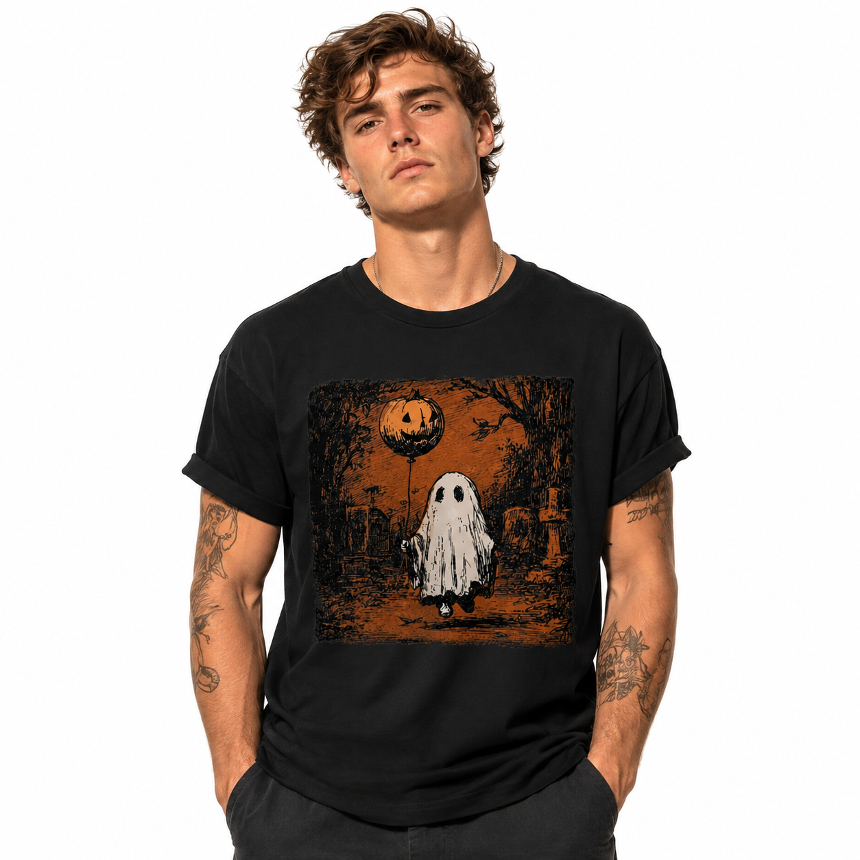 Vintage Ghost Pumpkin Balloon Graveyard Spooky Halloween Graphic Men's T-Shirt