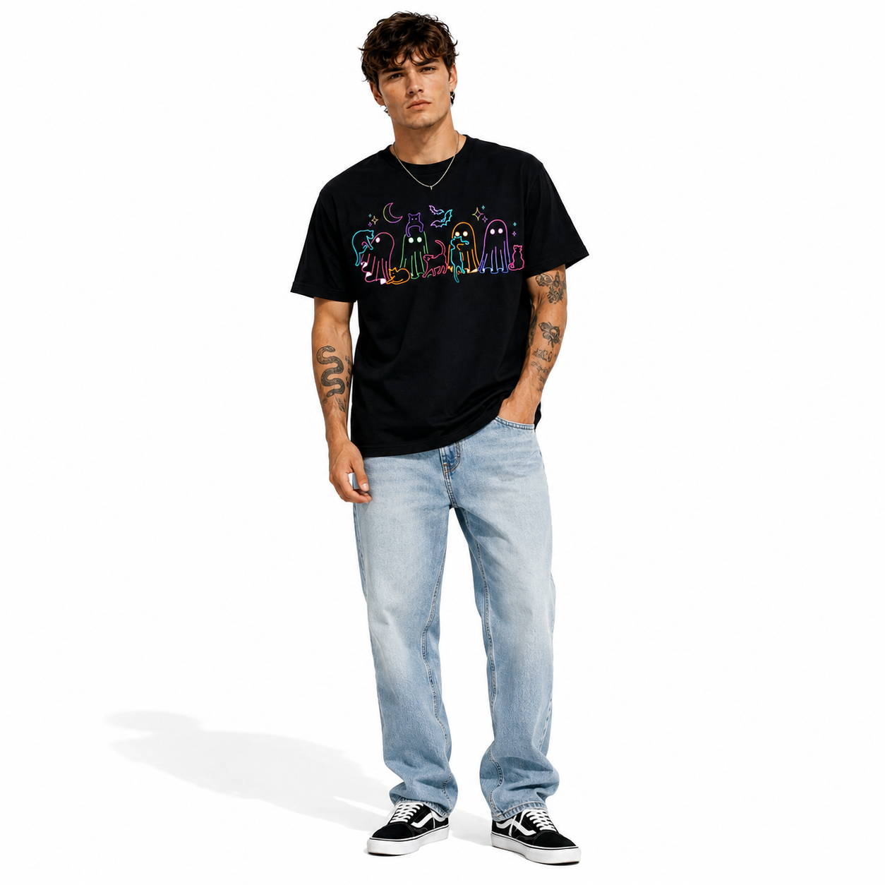 Neon Ghost Cat Halloween Spooky Cute Colorful Gothic Graphic Men's T-Shirt