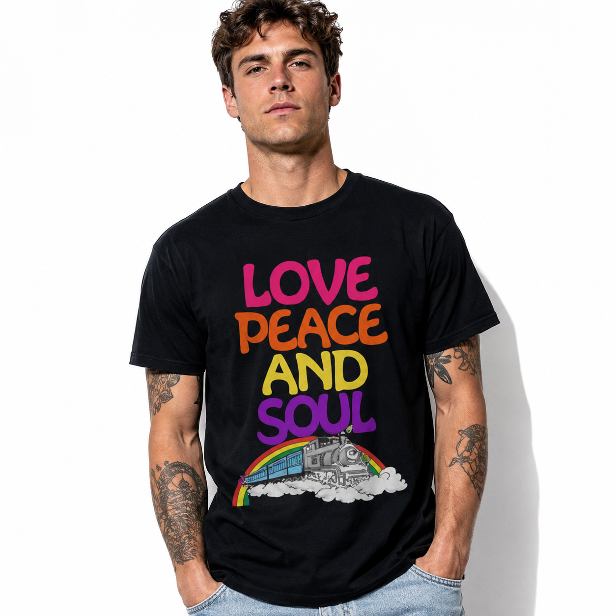Love Peace and Soul Retro Train Rainbow Graphic Men's T-Shirt