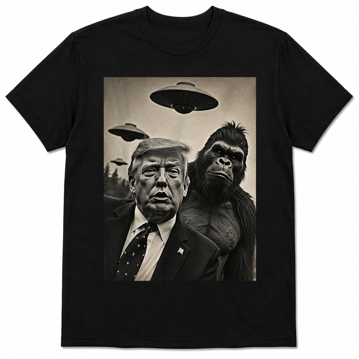 Funny UFO Gorilla Political Satire Graphic T-Shirt Men’s Vintage Tee