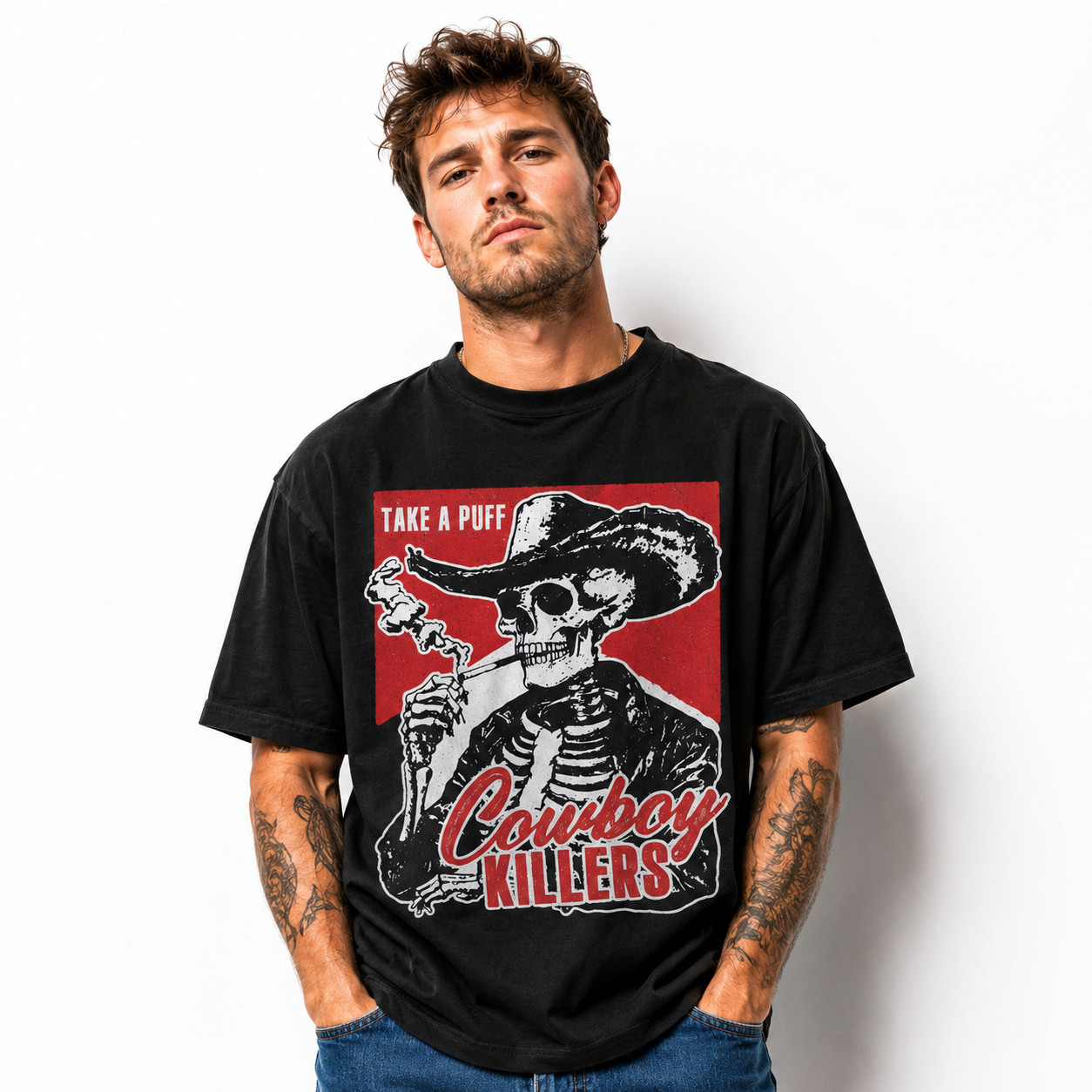 Take A Puff Cowboy Killers Skeleton Western Smoking Humor Men's T-Shirt