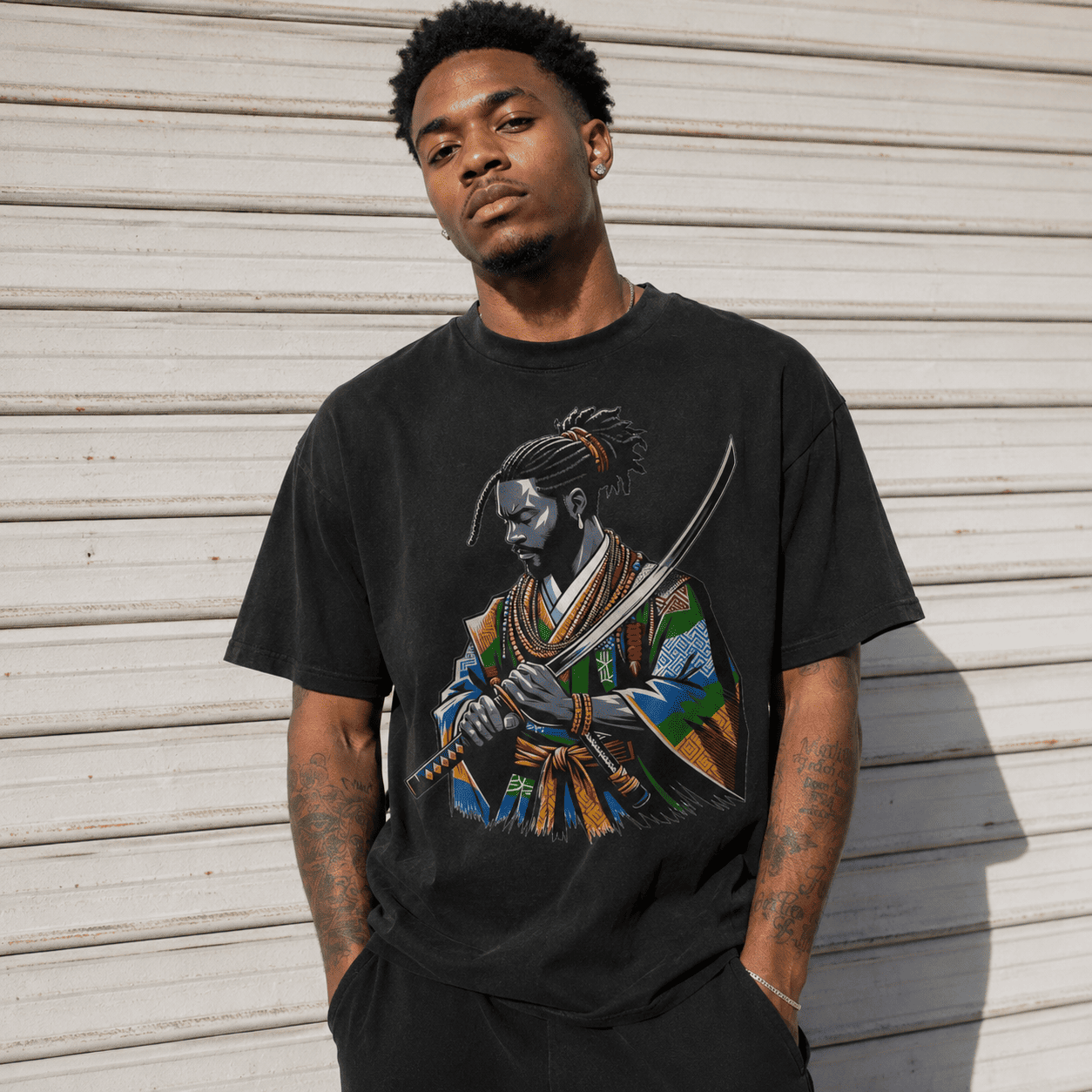 Samurai Warrior Katana Graphic T-Shirt Japanese Anime Style Tee