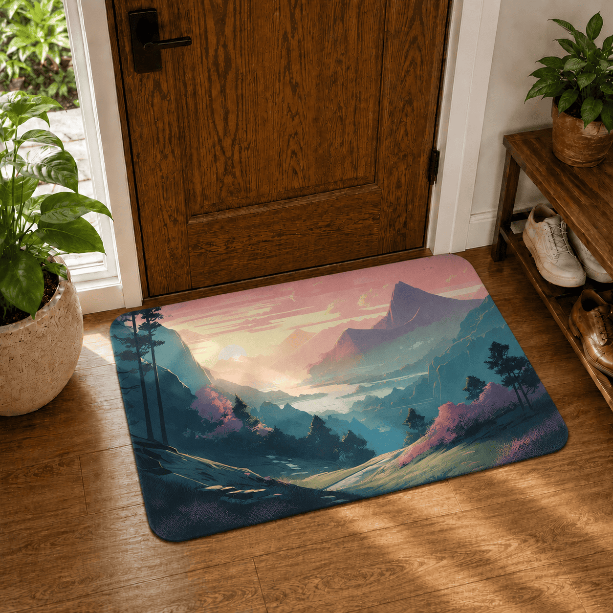 Mountain Floral Floor Mat Quick Dry Super Absorbent Non Slip Serene Valley Decor