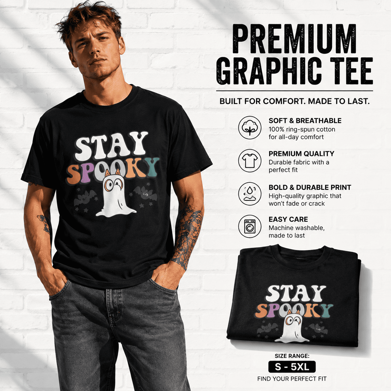 Stay Spooky Cute Ghost Halloween Bats Retro Funny Graphic Men's T-Shirt