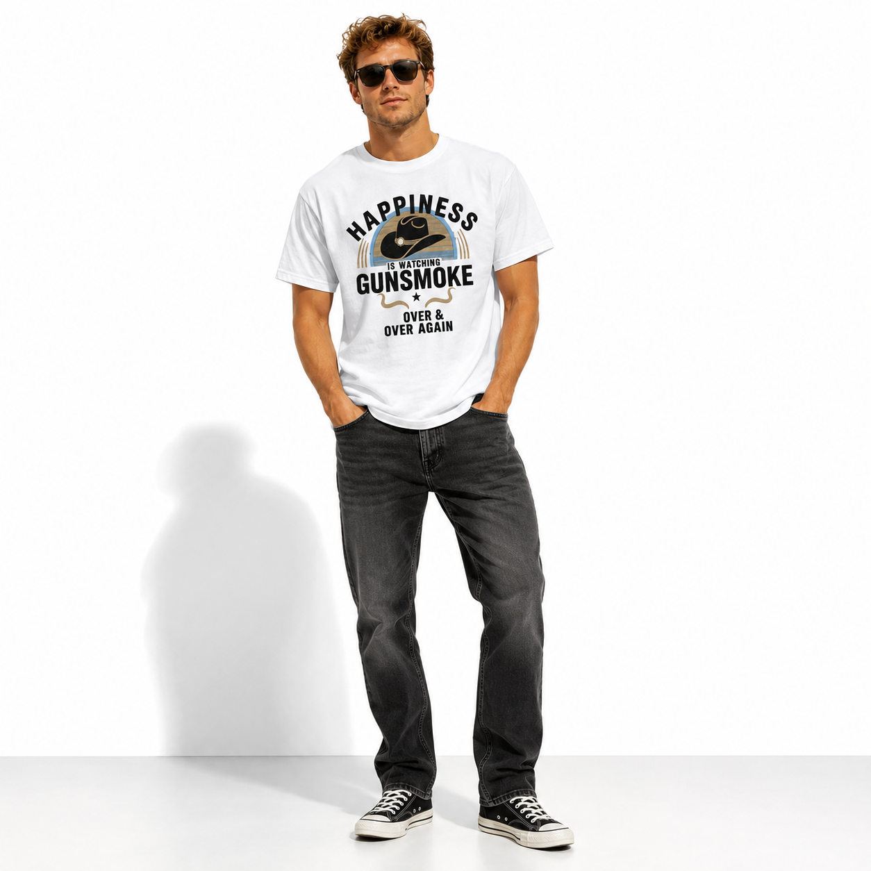 Vintage Western Gunsmoke Cowboy Graphic T Shirt Classic TV Fan Men's Tee