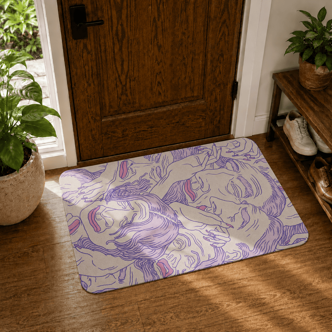 Non-Slip Trippy Livingroom Carpet, Pastel Themed Purple Home Decor, Psychedelic Yoga Mat, Bedroom Rug, Abstract Faces Pattern New Home Gift