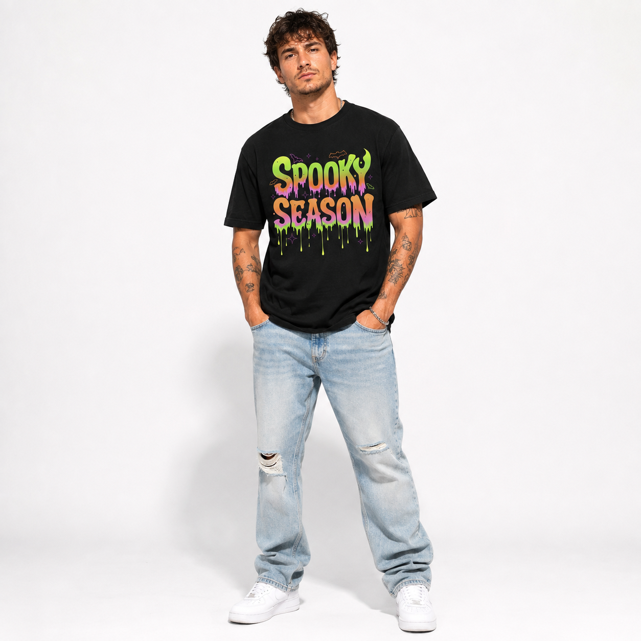 Spooky Season Neon Drip Retro Halloween Bat Graphic Men's T-Shirt