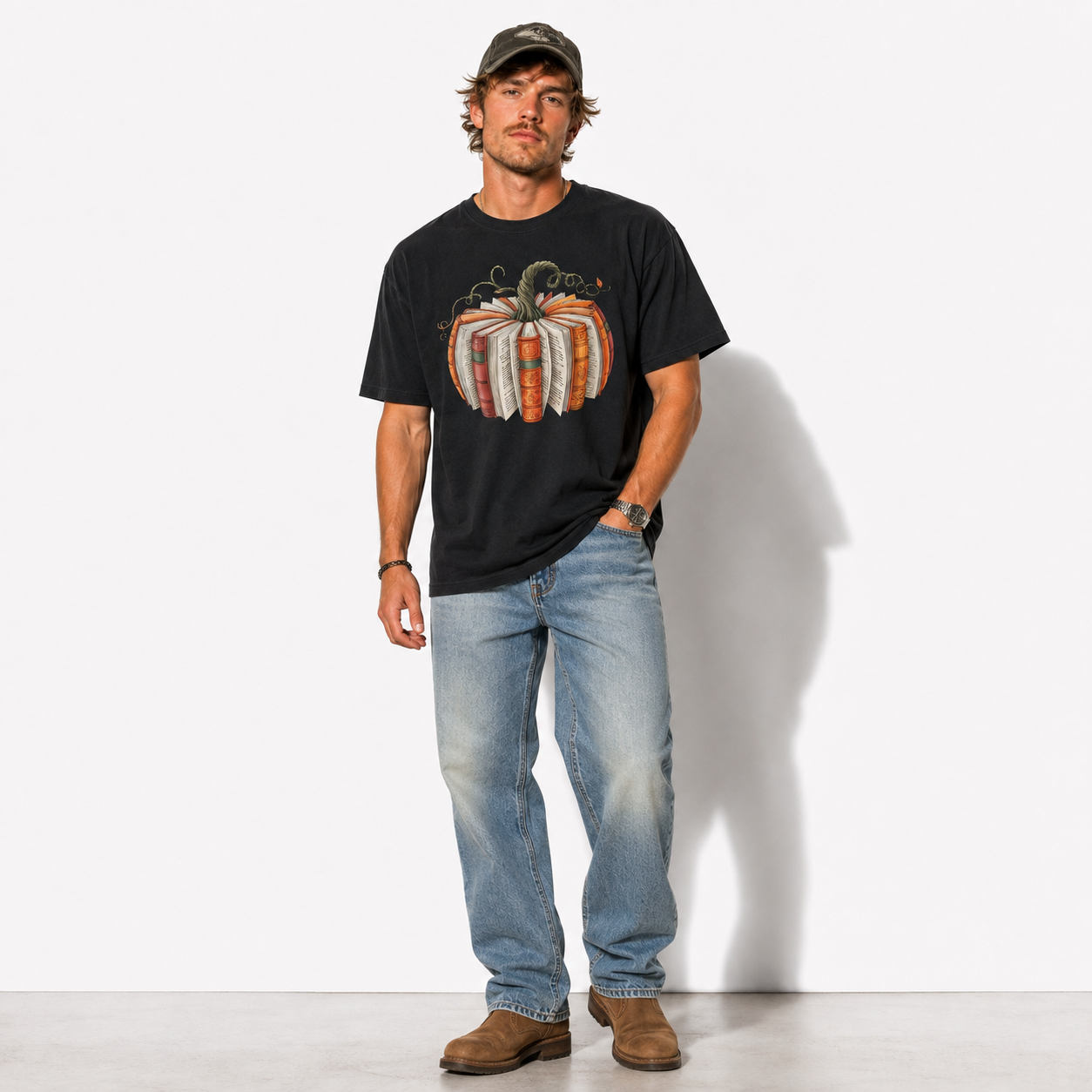 Pumpkin Books Fall Reading Halloween Book Lover Graphic Men's T-Shirt