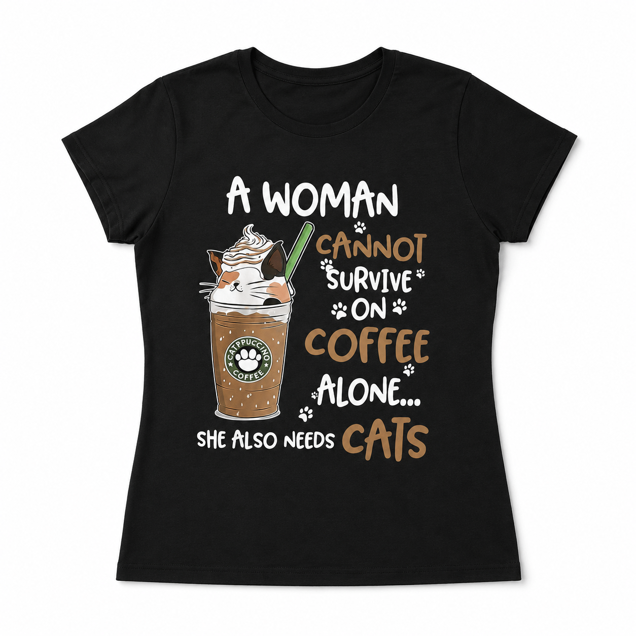 Women Funny Cat Coffee Lover Graphic T-Shirt Cute Kitty Casual Crew Neck Tee