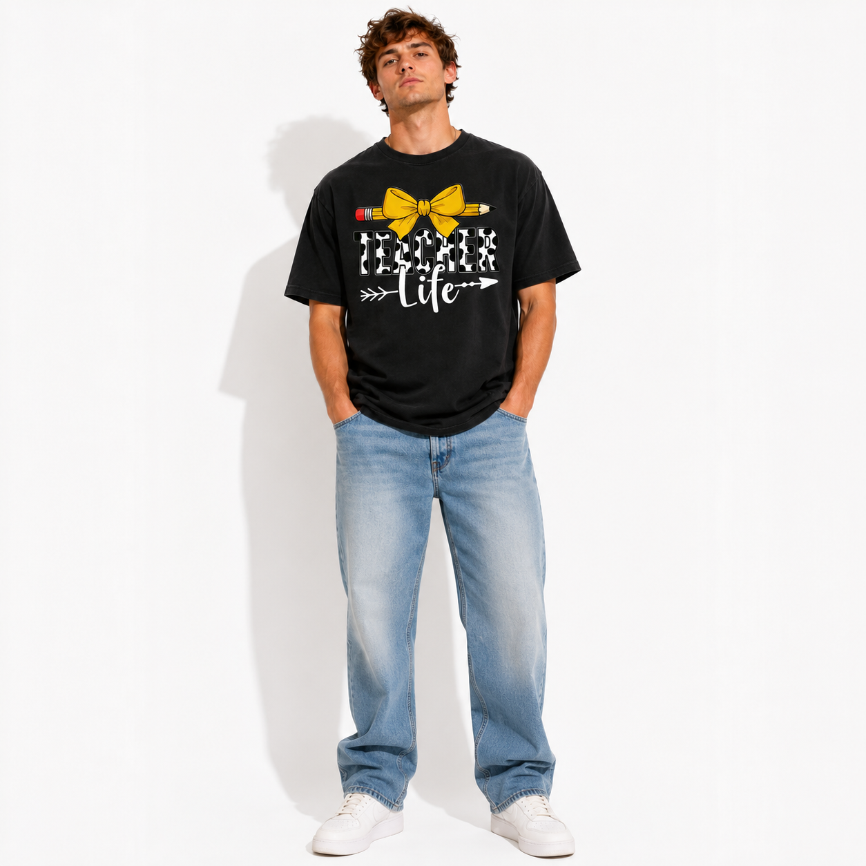 Teacher Life Graphic T-Shirt Cow Print Pencil Bow Tee for Men