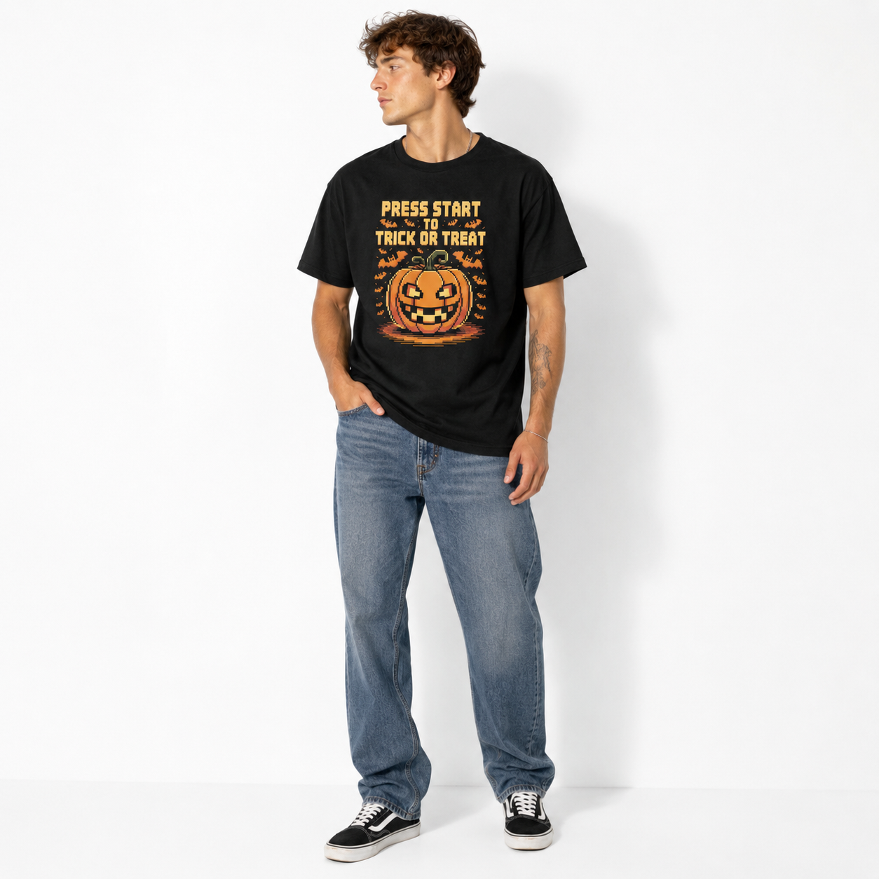 Press Start Trick or Treat Retro Gamer Pumpkin Halloween Men's T-Shirt