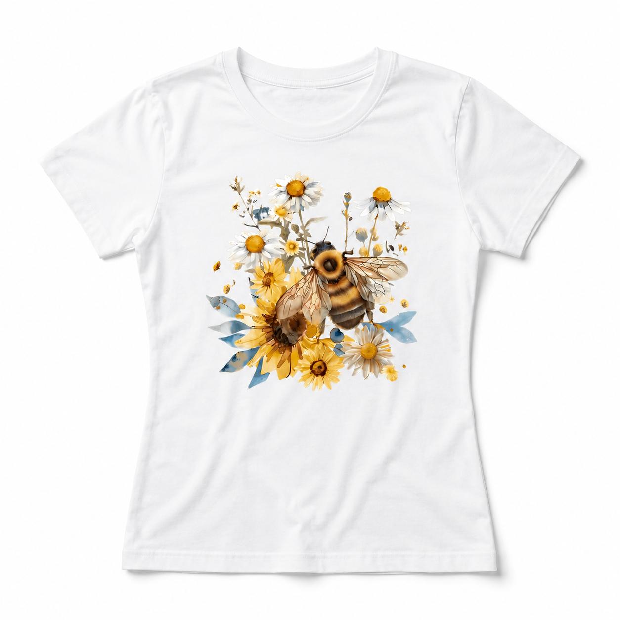 Women's Bee Flower Graphic T-Shirt Yellow Blue Floral Casual Summer Tee Top