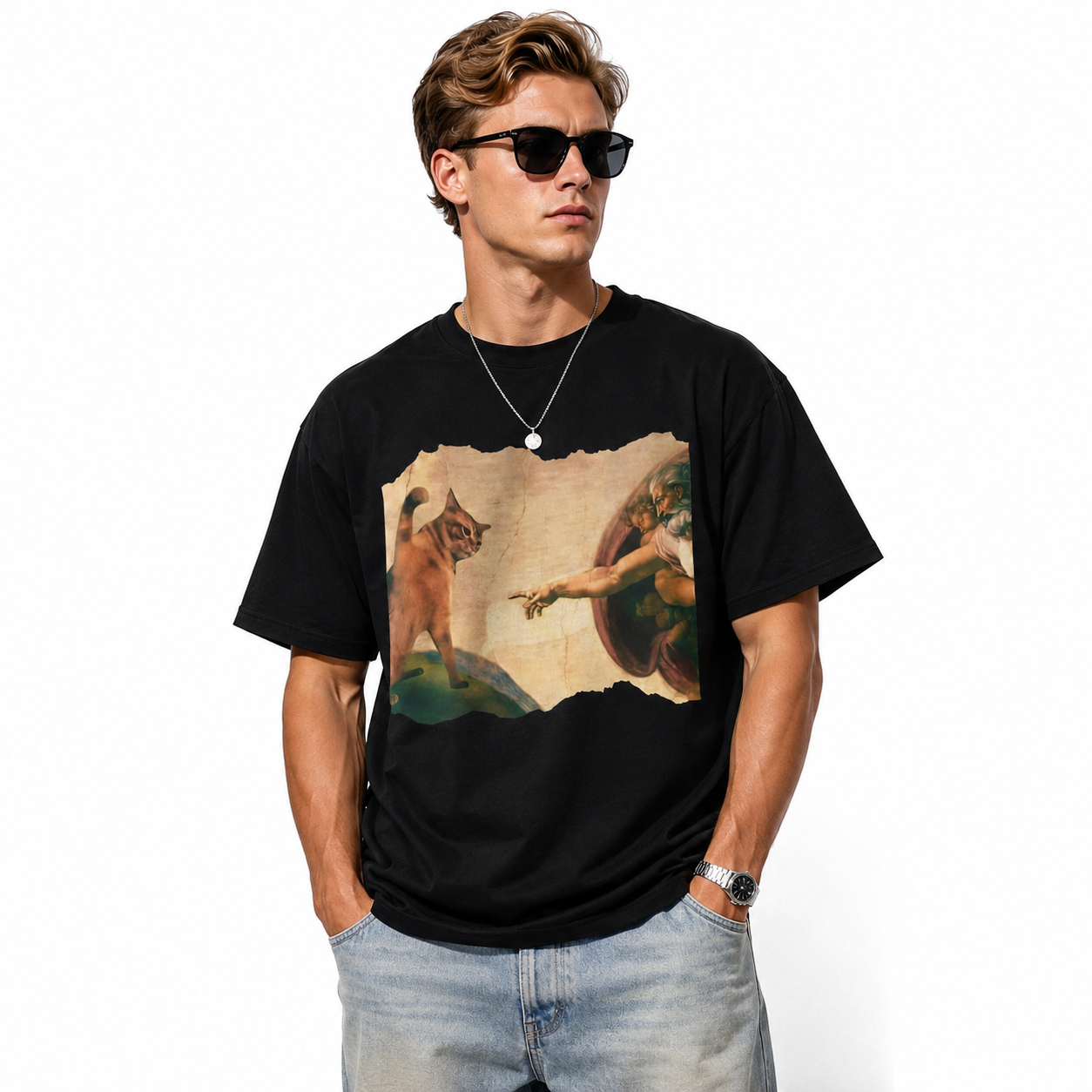 Funny Cat Swatting God's Hand Graphic T-Shirt for Men Meme Tee