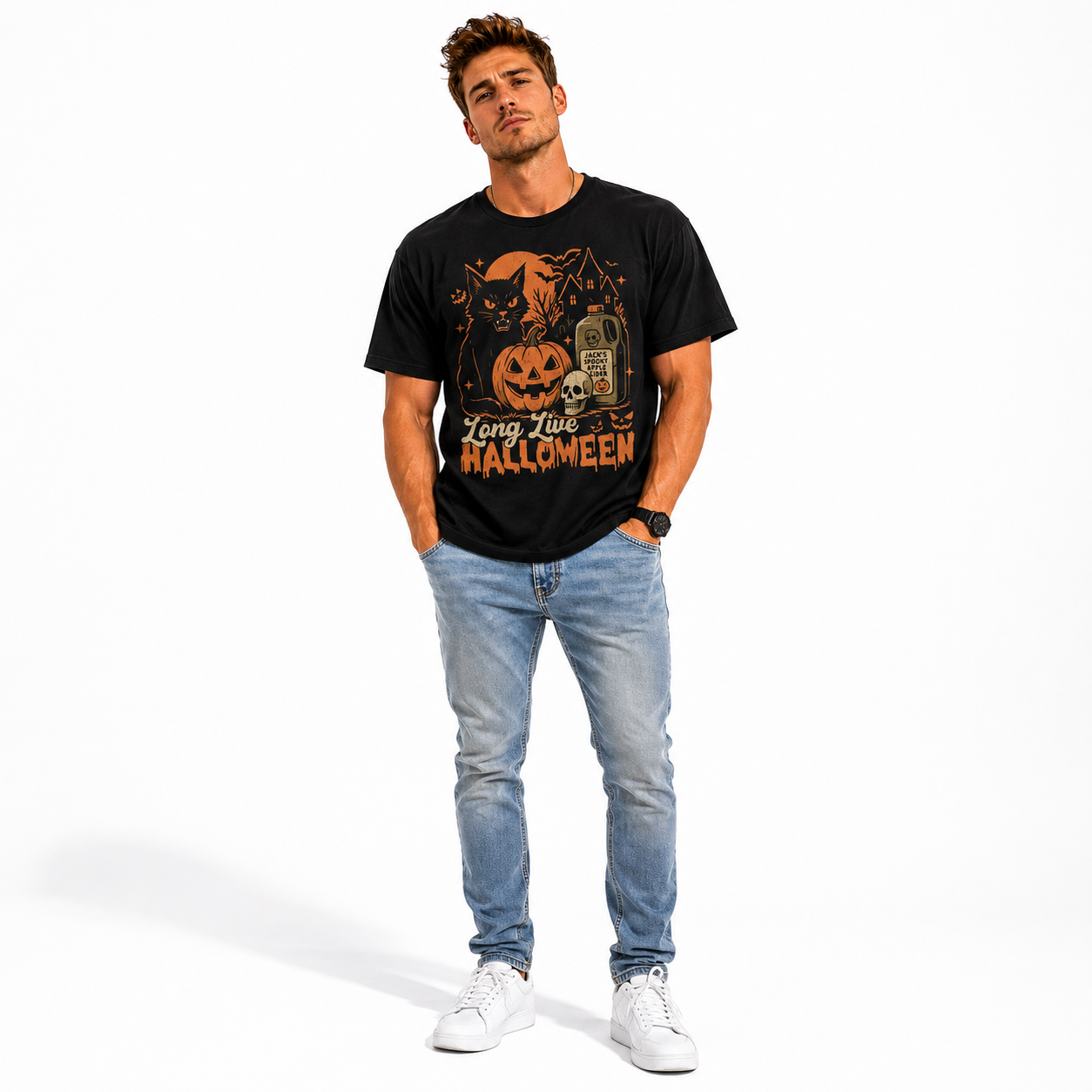 Long Live Halloween Black Cat Pumpkin Spooky Gothic Graphic Men's T-Shirt