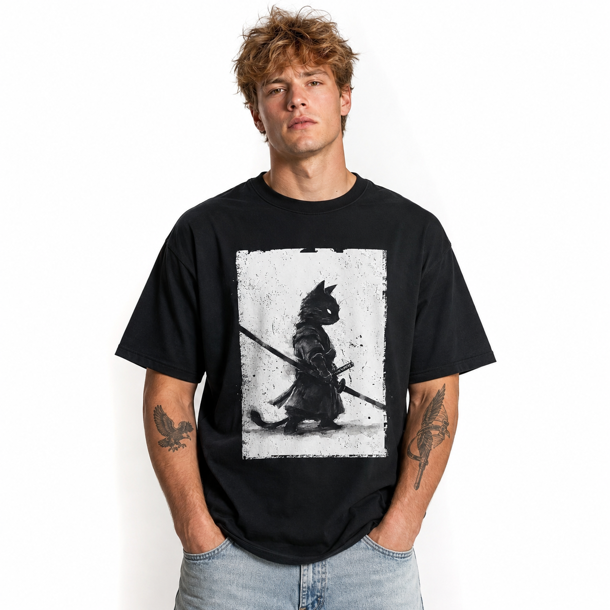 Vintage Ukiyo-e Samurai Cat Graphic T-Shirt Japanese Retro Art Tee