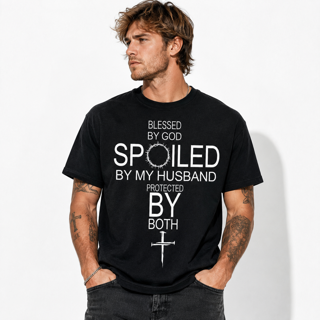 Blessed by God Spoiled by My Husband Christian Graphic Men's T-Shirt