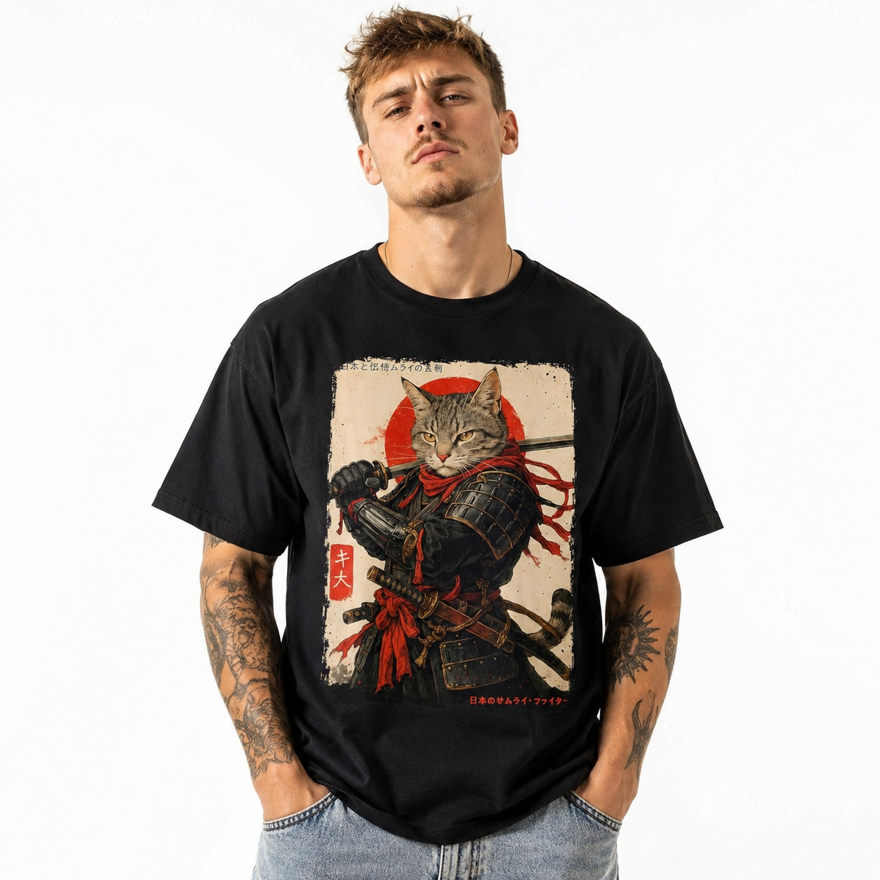 Samurai Cat Warrior Graphic T-Shirt Japanese Ukiyo Ink Art Tee