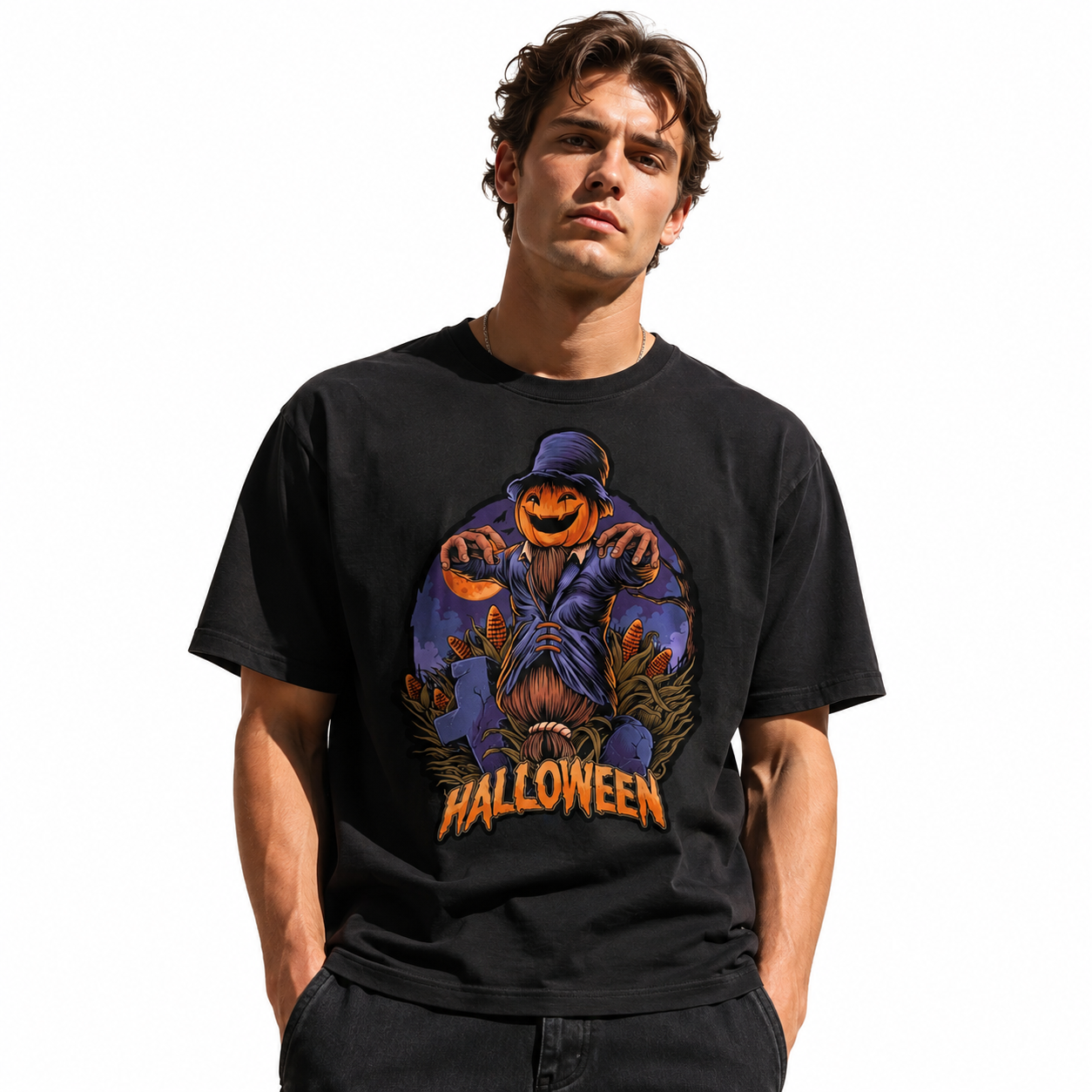 Pumpkin Head Scarecrow Halloween Cornfield Spooky Horror Graphic Men's T-Shirt