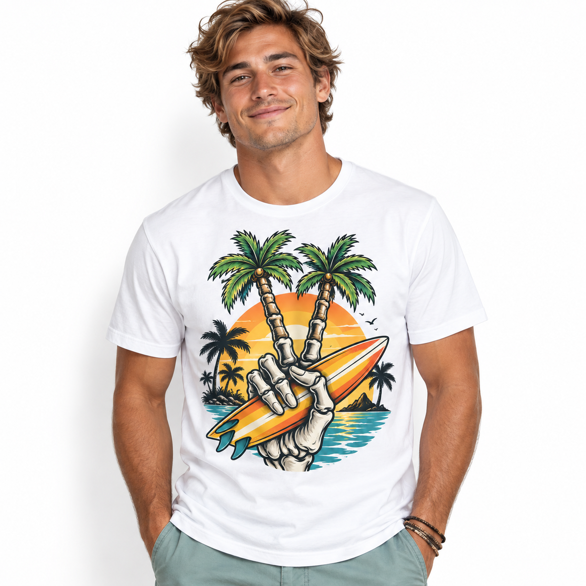 Skeleton Peace Sign Surfboard Tropical Sunset Men's Graphic T-Shirt