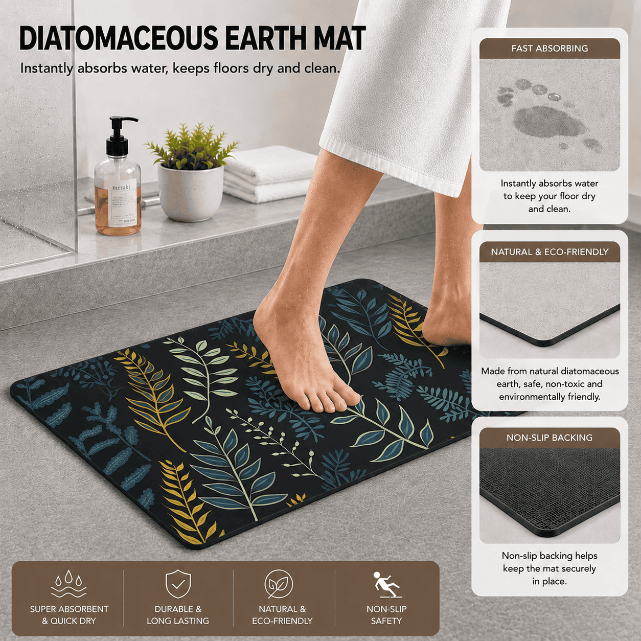 Botanical Entryway Mat with Quick Dry Super Absorbent Non Slip Fern Design