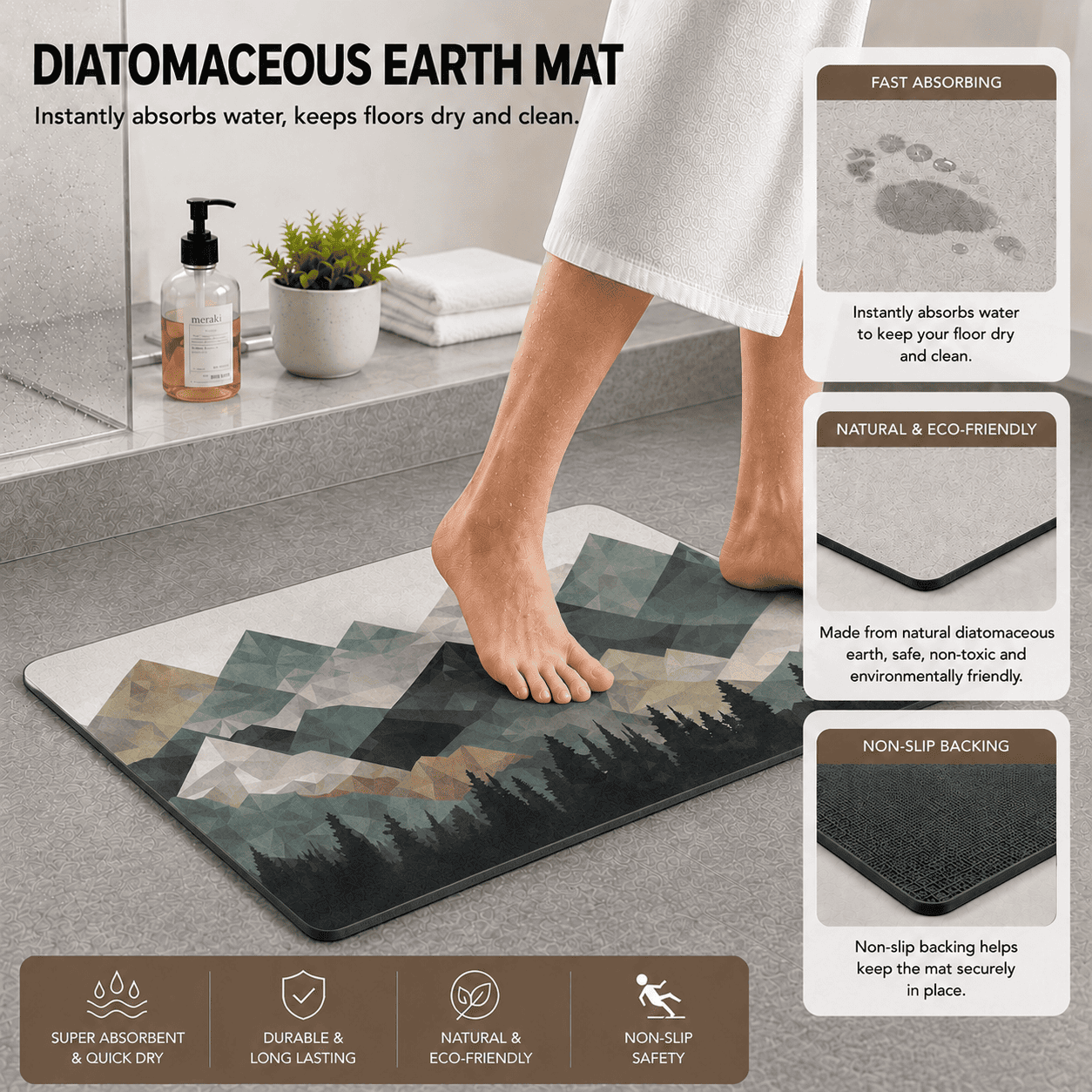 Low Poly Mountain Floor Mat for Entryway Quick Dry Non Slip Super Absorbent