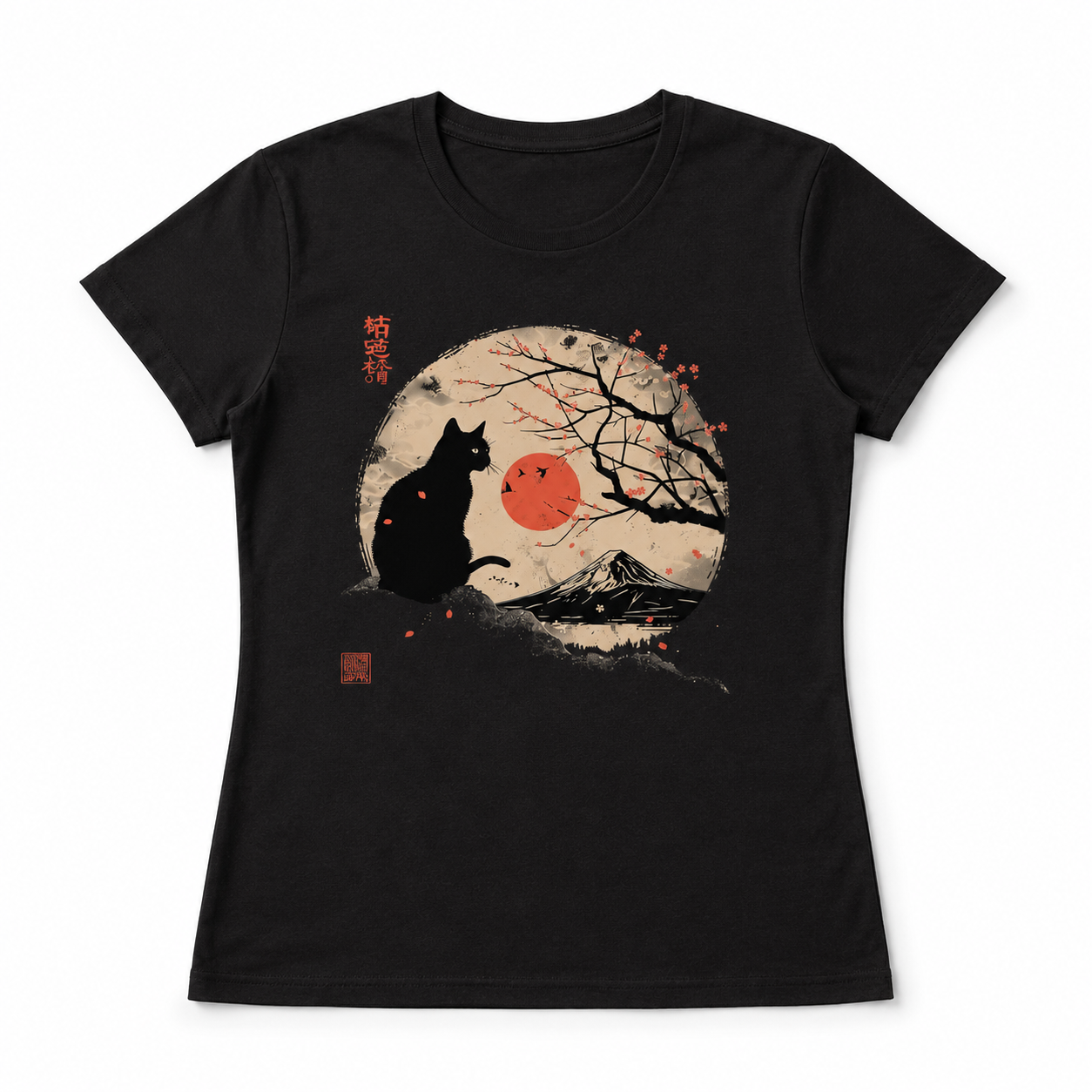 Women's Japanese Cat Mount Fuji Graphic T-Shirt Cute Casual Summer Tee Top
